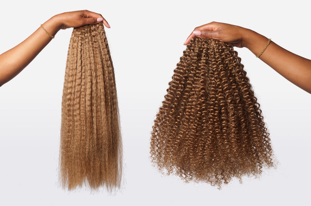 Two hands each holding a distinct style of Bellami has curly and textured hair extensions.