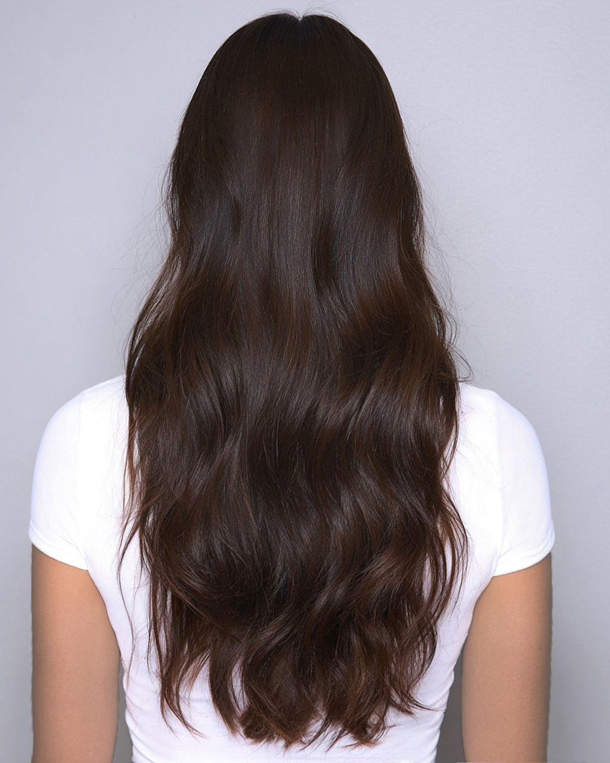 BELLAMI Dark Brown Clip-In Weft Hair Extensions - Glossy Dark Brown PDP_SilkSeam_onmodel_dark_mapl  main image 3